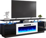 AMERLIFE Fireplace TV Stand with 36" Fireplace, 70" Modern High Gloss Fireplace Entertainment Center LED Lights, 2 Tier TV Console Cabinet for TVs Up to 80", Obsidian Black