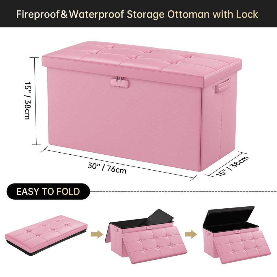 DocSafe Storage Ottoman with Lock,Fireproof Folding Ottoman Foot Rest Stool Storage Chest with Storage Safe for Important Documents,Waterproof 17 Inches Short Ottoman Foot Stool with Handles,Black