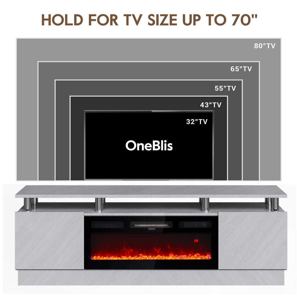 OneBlis 70" TV Stand for Living Room, Modern Entertainment Center & Media Console, Fits TVs up to 80", Storage Cabinet with Shelves, 36" Electric Fireplace with LED Flame (All Black)
