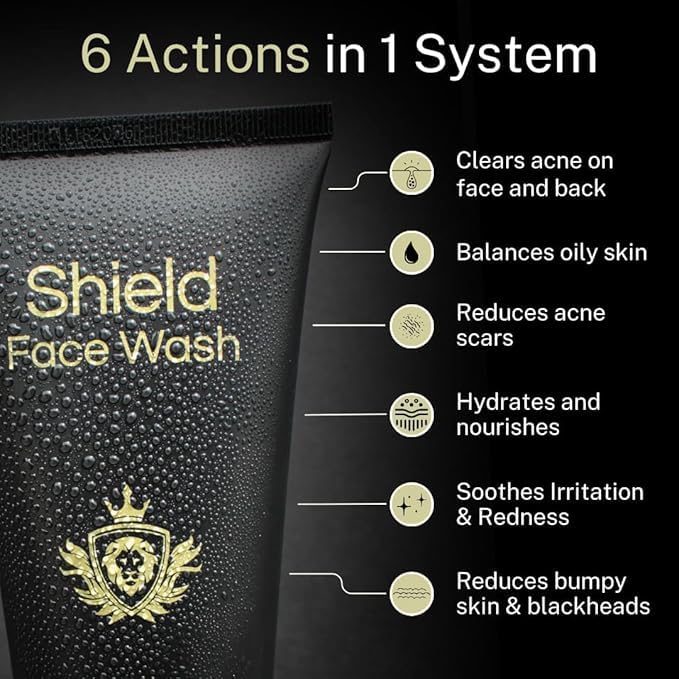 Shield Men's Acne Body Wash for Back, Chest & Shoulders - 4% Benzoyl Peroxide Body Wash, Clears Breakouts & Acne Scars – Unscented with Niacinamide, Glycolic Acid & Ceramides, 8.5 oz