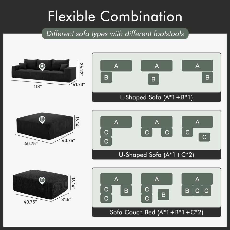 Boneless Sectional Cloud Couch Sofa for Living Room, 112" U-Shaped Modular Modern Lounge Sleeper Black Couches with Chaise, No Assemble, Cordury Compression Upholstered Sofas