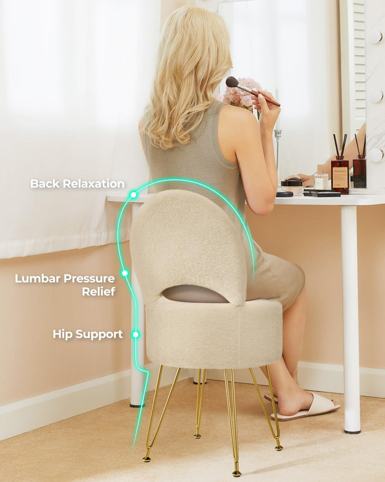 GREENSTELL Small Vanity Stool Chair with Storage and Folding Back, 13" x 13" x 17.7" Faux Fur Soft Ottoman for Teenager, 4 Metal Legs with Anti-Slip Feet, Furry Padded Seat for Makeup, Bedroom, White