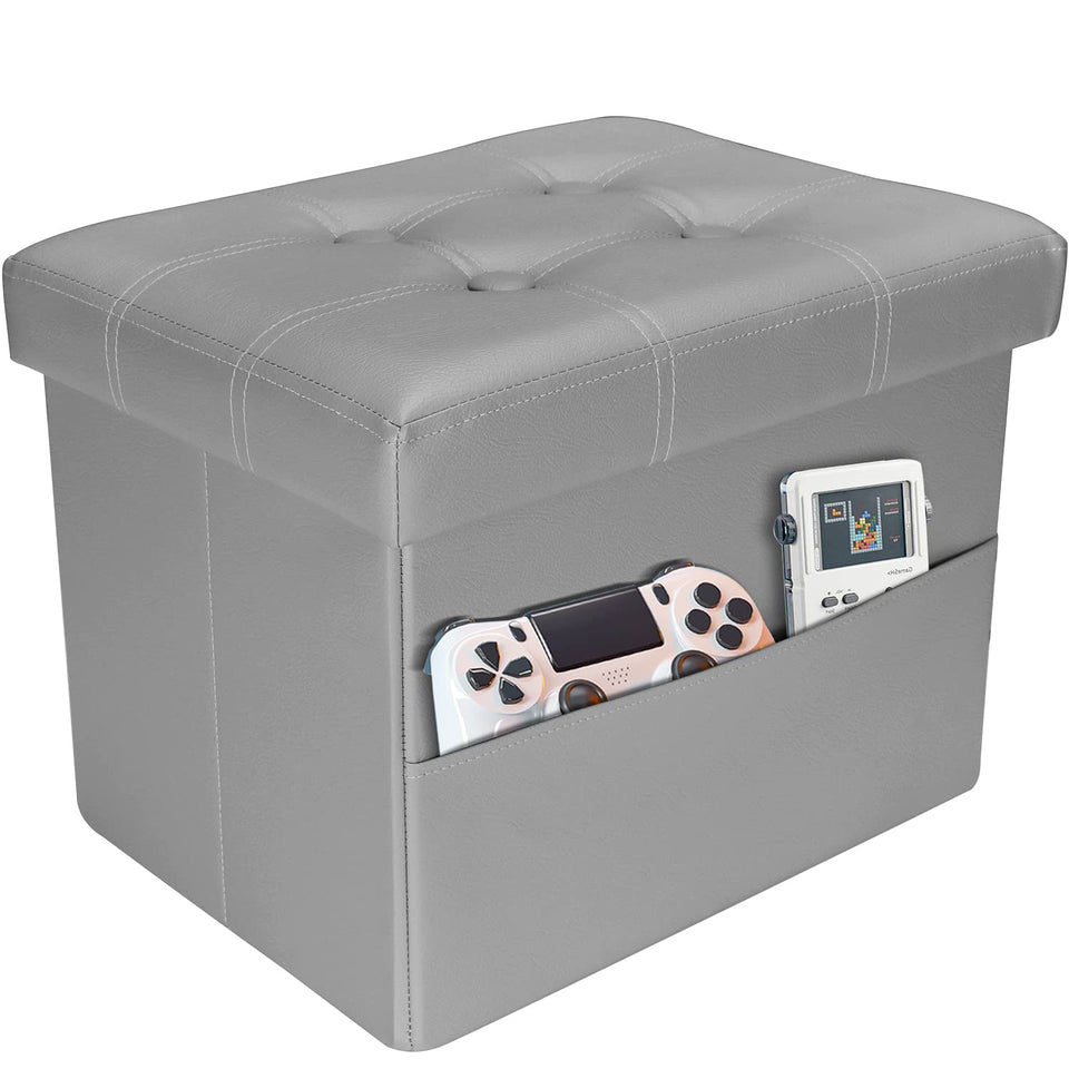 AmasSmile Storage Ottoman Folding Foot Rest Stool, Leather Footstool Bench, Short Ottoman Stool, Storage Foot Rest Store, Books (Black, 17" D x 13" W x 13" H)