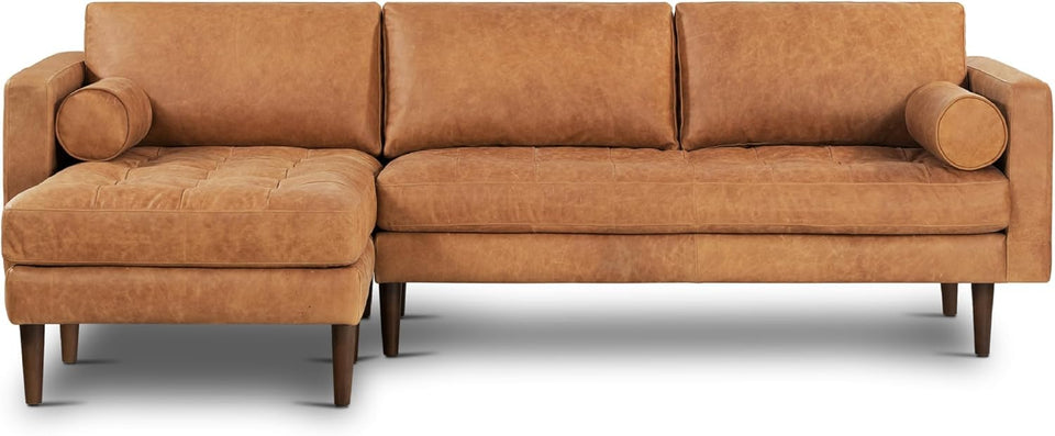 POLY & BARK Napa 72" Apartment Sofa – Italian-Tanned Full-Grain Pure-Aniline or Semi-Aniline Leather, Feather-Down Cushioning, Kiln-Dried Solid Wood Frame, Walnut Legs - Cognac Tan