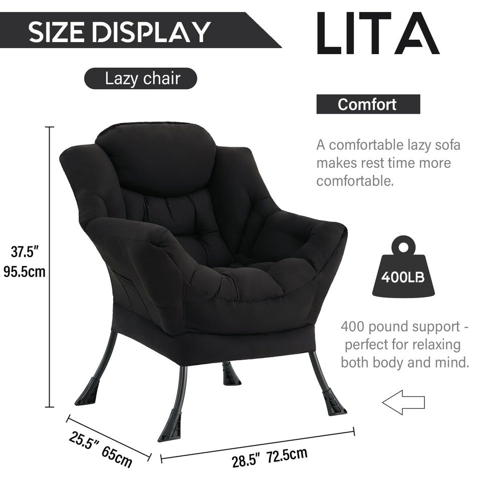 LITA Lazy Chair with Ottoman, Modern Accent Leisure Upholstered Lazy Sofa Armchair, Contemporary Lounge Reading Chair with Armrests and a Side Pocket for Living Room, Bedroom & Small Space, Dark Grey