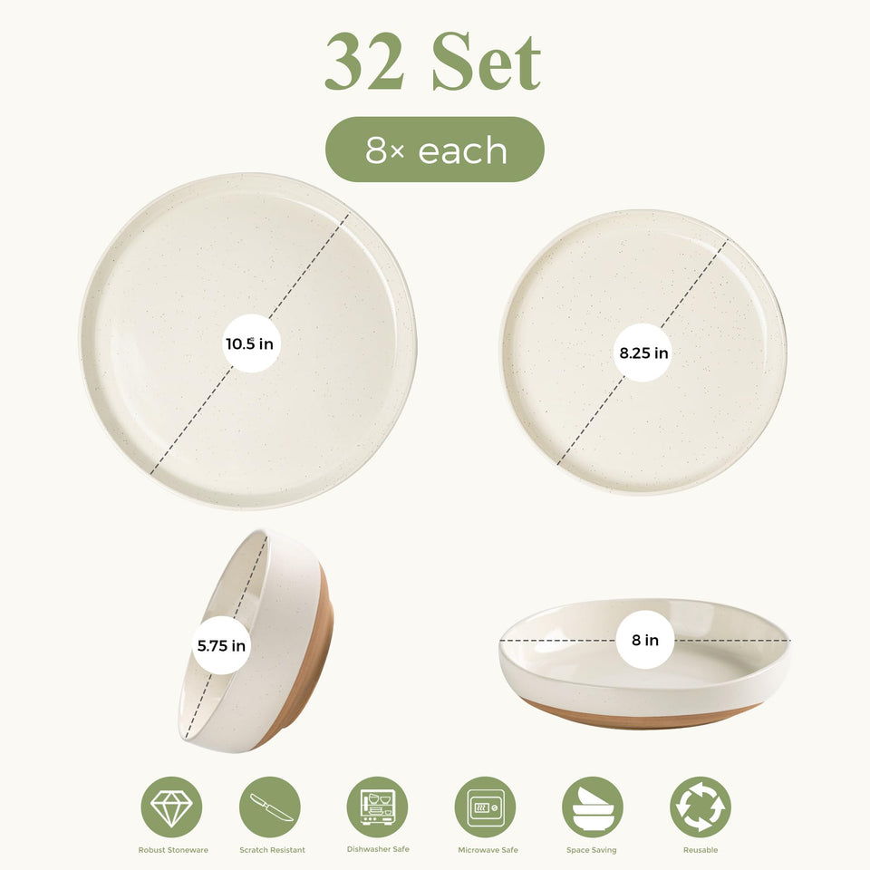 AmorArc Ceramic Dinnerware Sets for 8, 24 Pieces Handpainted Plates and Bowls Set with Rustic Terracotta Underside, Scratch Resistant Stoneware Dishes Set, Dishwasher & Microwave Safe, Light Beige
