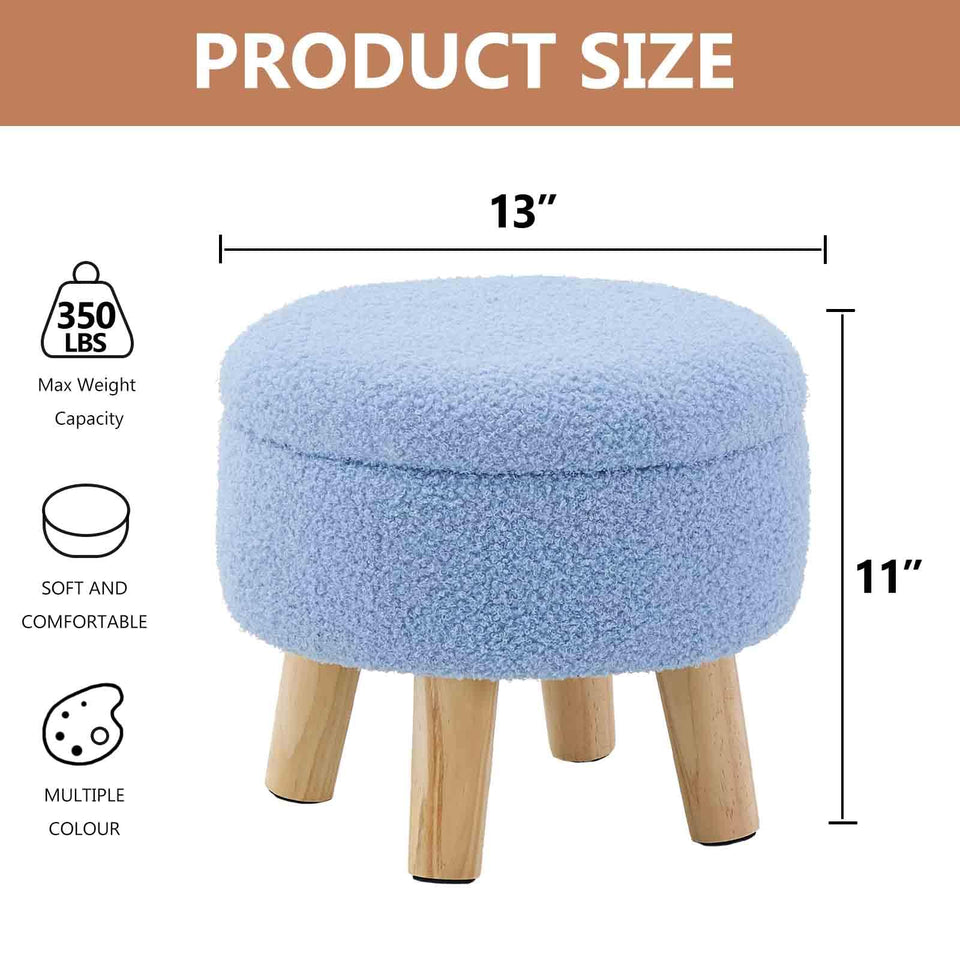 Wimarsbon Storage Ottoman, Modern Round Footrest with Soft Padded Seat, Teddy Velvet Footstool with Wood Legs, Accent Small Table or Plant Stand for Hallway, Living Room (Cream)