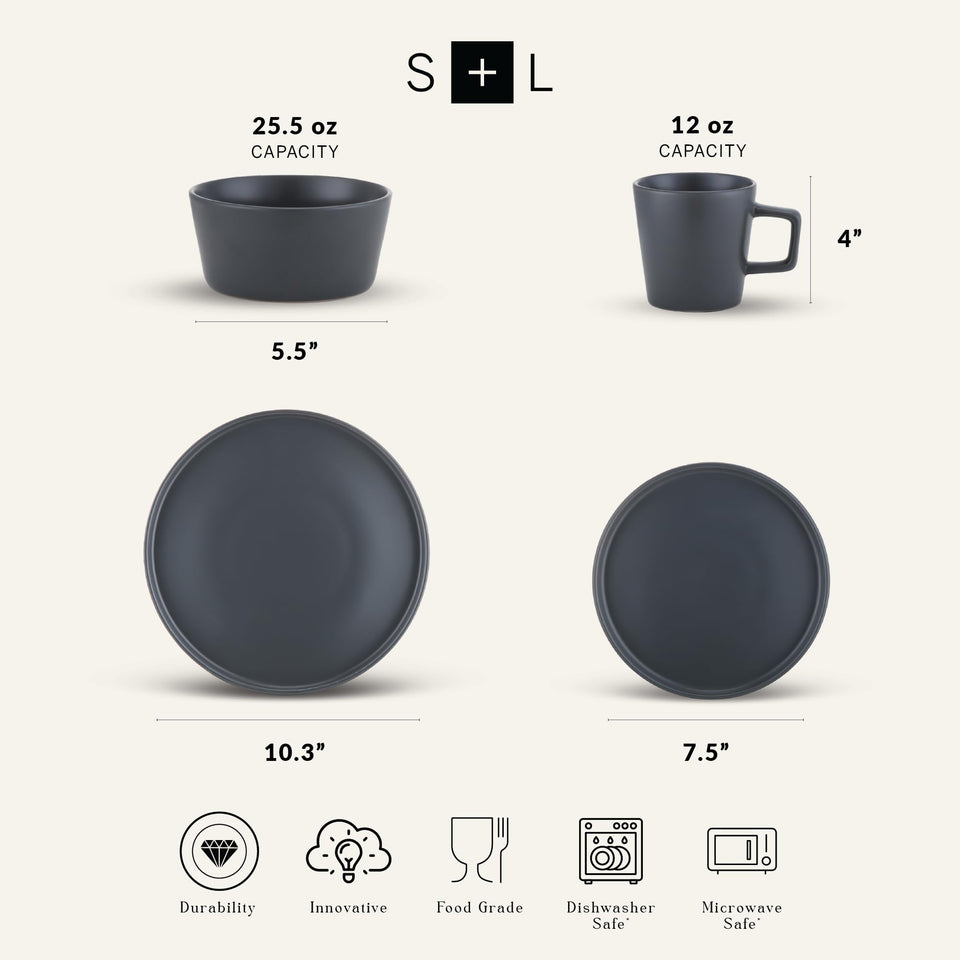 Stone Lain Celina Stoneware 32 Piece Dinnerware Set, Plates and Bowls, Black Matte Dish Collection, Service for 8 – Contemporary Minimalist Style, Microwave & Dishwasher Safe