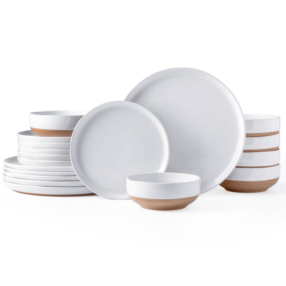 AmorArc Ceramic Dinnerware Sets for 8, 24 Pieces Handpainted Plates and Bowls Set with Rustic Terracotta Underside, Scratch Resistant Stoneware Dishes Set, Dishwasher & Microwave Safe, Light Beige