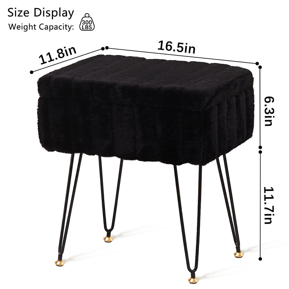 Wimarsbon Storage Ottoman, Vanity Stools with Metal Legs, 16.5" x 11.8" x 18" Modern Faux Mink Fur Footstool, Makeup Chair with Anti-Slip Feet, Accent Table,Footrest,Storage Bench for Bedroom