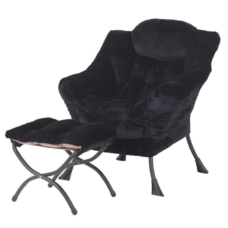 Welnow Lazy Chair with Ottoman, Modern Lounge Accent Chair with Armrests and a Side Pocket, Leisure Sofa Armchair, Reading Armchair with Footrest for Small Space, Dark Grey