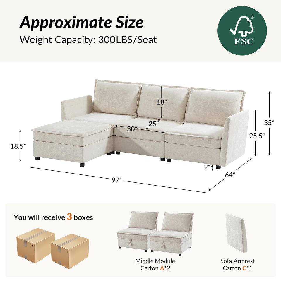 HULALA HOME 127'' Modular Sectional Sofa, Oversized U Shaped Couch with Storage Ottoman, Comfy Chenille Sofa with Deep Seat, 6 Seat Convertible Couches for Living Room, Beige