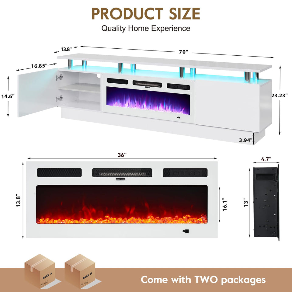 OneBlis 70" TV Stand for Living Room, Modern Entertainment Center & Media Console, Fits TVs up to 80", Storage Cabinet with Shelves, 36" Electric Fireplace with LED Flame (All Black)