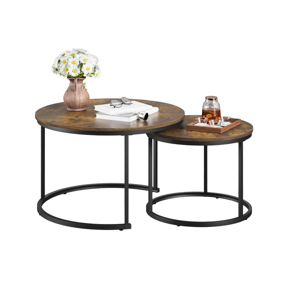 Smuxee Nesting Coffee Table Set of 2, 23.6" Round Coffee Table Wood Grain Top with Adjustable Non-Slip Feet, Industrial End Table Side Tables for Living Room Bedroom Balcony Yard