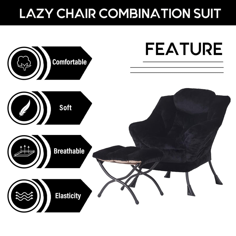LITA Lazy Chair with Ottoman, Modern Accent Leisure Upholstered Lazy Sofa Armchair, Contemporary Lounge Reading Chair with Armrests and a Side Pocket for Living Room, Bedroom & Small Space, Dark Grey