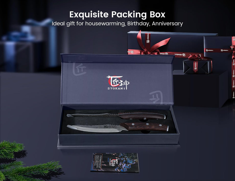 SYOKAMI Steak Knives Set of 8, 4.8 Inch High-Carbon Japanese Stainless Steel Non-serrated Steak Knife with Wood Handle, Damascus Pattern Full Tang Design, Razor-Sharp Dinner Knives with Gift Box