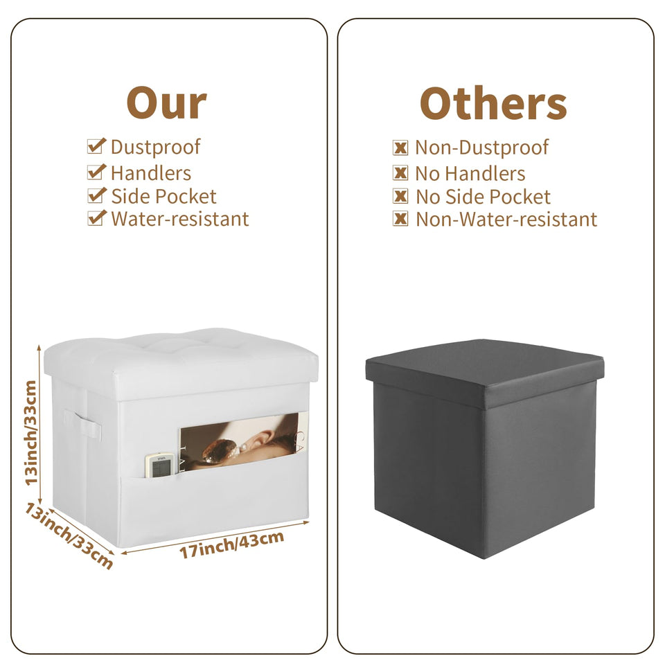 Storage Ottoman Foot Rest Stool, Foldable Leather Footstool Storage Bench with Thicker Foam Padded Seat. Foot Rest Under Desk for Living Room Bedroom 350 lbs, 17x13x13 in, Brown