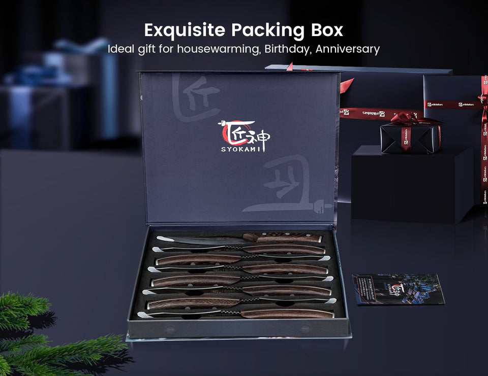 SYOKAMI Steak Knives Set of 8, 4.8 Inch High-Carbon Japanese Stainless Steel Non-serrated Steak Knife with Wood Handle, Damascus Pattern Full Tang Design, Razor-Sharp Dinner Knives with Gift Box