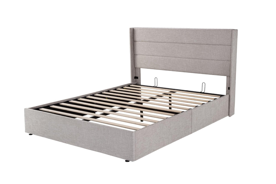 Allewie King Size Lift Up Storage Bed, Modern Wingback Headboard, Hydraulic Support, No Box Spring Needed, Light Beige