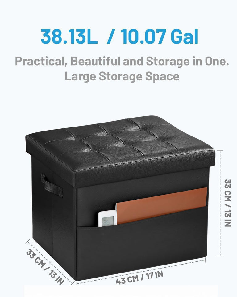 Bsketa Storage Ottoman, Folding Foot Stool with Thicker Foam Padded Seat Small Leather Storage Ottoman Bench Foot Rest for Living Room Foldable Coffee Table 17x13x13in,Black