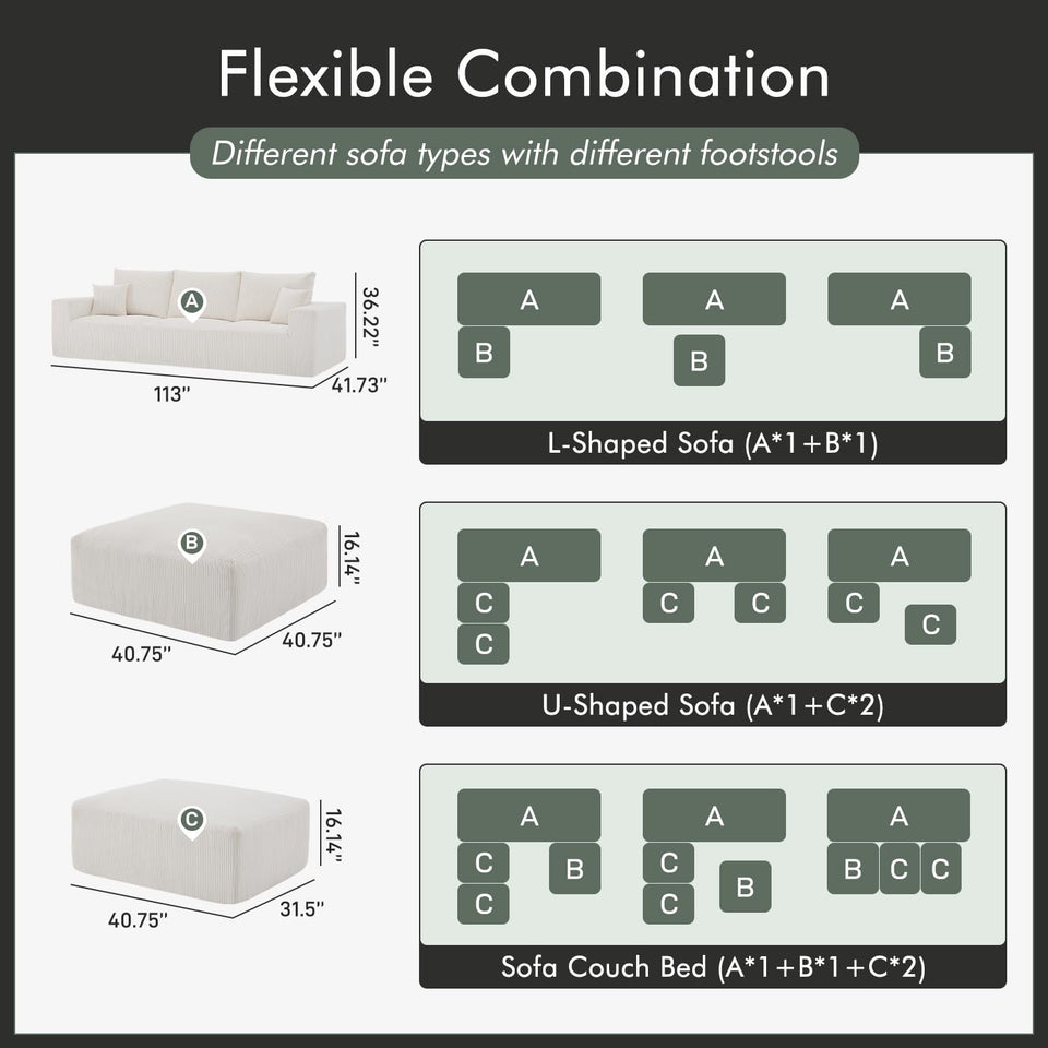 Boneless Sectional Cloud Couch Sofa for Living Room, 112" U-Shaped Modular Modern Lounge Sleeper Black Couches with Chaise, No Assemble, Cordury Compression Upholstered Sofas
