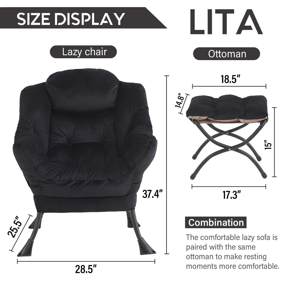 LITA Lazy Chair with Ottoman, Modern Accent Leisure Upholstered Lazy Sofa Armchair, Contemporary Lounge Reading Chair with Armrests and a Side Pocket for Living Room, Bedroom & Small Space, Dark Grey