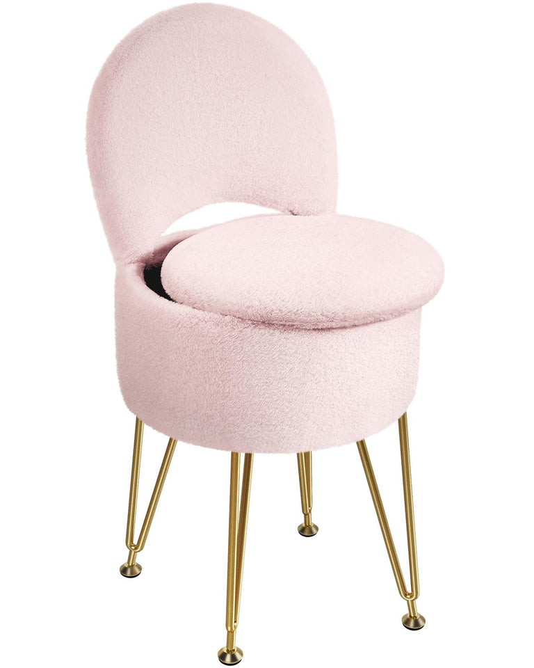 GREENSTELL Small Vanity Stool Chair with Storage and Folding Back, 13" x 13" x 17.7" Faux Fur Soft Ottoman for Teenager, 4 Metal Legs with Anti-Slip Feet, Furry Padded Seat for Makeup, Bedroom, White