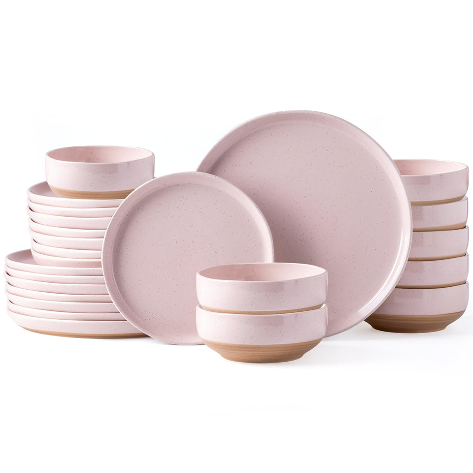 AmorArc Ceramic Dinnerware Sets for 8, 24 Pieces Handpainted Plates and Bowls Set with Rustic Terracotta Underside, Scratch Resistant Stoneware Dishes Set, Dishwasher & Microwave Safe, Light Beige