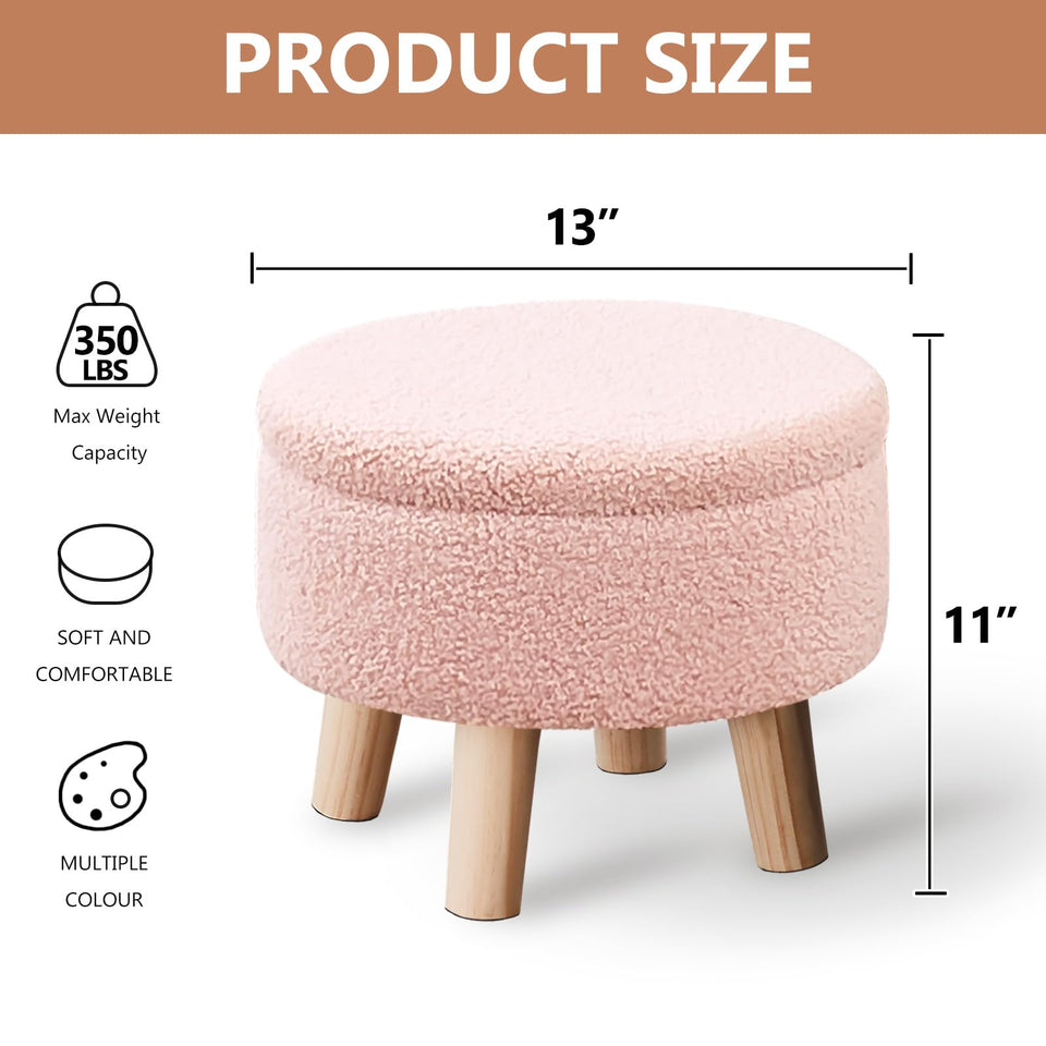 Wimarsbon Storage Ottoman, Modern Round Footrest with Soft Padded Seat, Teddy Velvet Footstool with Wood Legs, Accent Small Table or Plant Stand for Hallway, Living Room (Cream)
