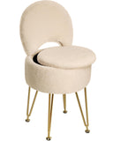 GREENSTELL Small Vanity Stool Chair with Storage and Folding Back, 13" x 13" x 17.7" Faux Fur Soft Ottoman for Teenager, 4 Metal Legs with Anti-Slip Feet, Furry Padded Seat for Makeup, Bedroom, White