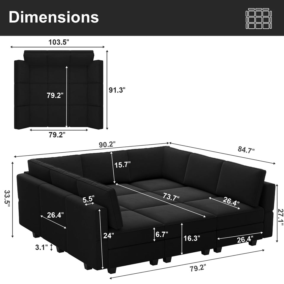 Belffin Modular Sectional Sofa with Ottomans Velvet Reversible Sleeper Chaise Bed Storage Seat Black