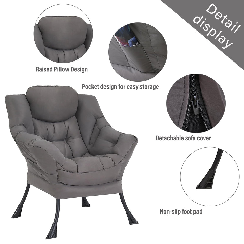 Welnow Lazy Chair with Ottoman, Modern Lounge Accent Chair with Armrests and a Side Pocket, Leisure Sofa Armchair, Reading Armchair with Footrest for Small Space, Dark Grey