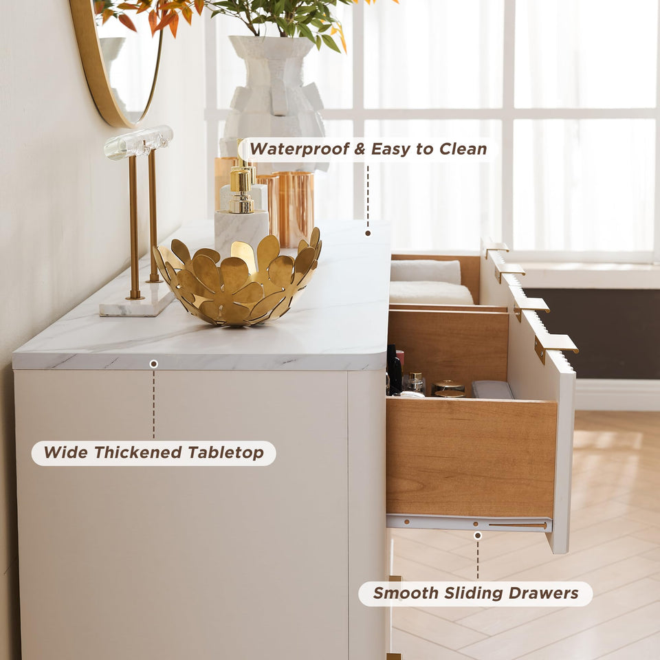 T4TREAM Fluted 7 Drawers Dresser, 54" Wide Modern Chest of Drawers with Faux Marble Top, Curved Profile Design, Dresser TV Stand, Wood Drawer Organizer for Bedroom, Living Room, Hallway, Natural Oak