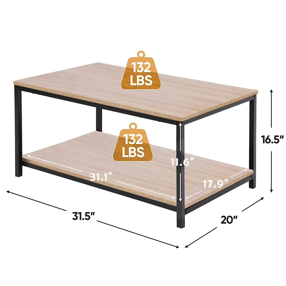 SUPER DEAL 2-Tier Industrial Coffee Table with Storage Shelf for Small Apartment Living Room, Rectangle Wood and Stable Metal TV Stand Side End Table, Rustic Brown