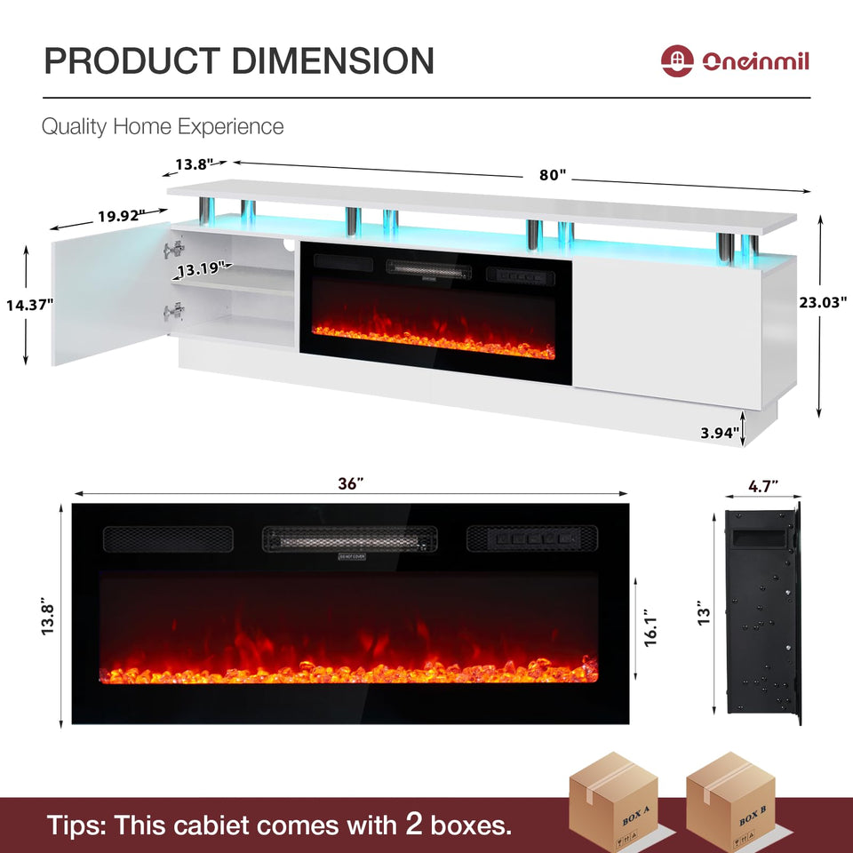 OneBlis 70" TV Stand for Living Room, Modern Entertainment Center & Media Console, Fits TVs up to 80", Storage Cabinet with Shelves, 36" Electric Fireplace with LED Flame (All Black)
