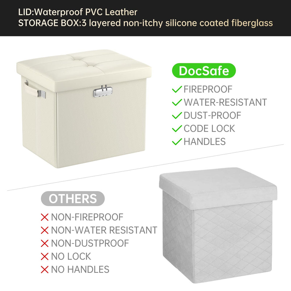 DocSafe Storage Ottoman with Lock,Fireproof Folding Ottoman Foot Rest Stool Storage Chest with Storage Safe for Important Documents,Waterproof 17 Inches Short Ottoman Foot Stool with Handles,Black