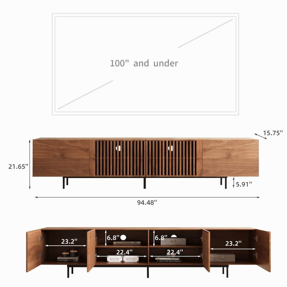 NessCarsti Mid Century Modern TV Stand for 80+ Inch TVs, 94.48" Walnut Console with Ample Storage – Stylish Entertainment Center for Living Room or Bedroom