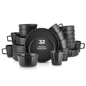 Stone Lain Celina Stoneware 32 Piece Dinnerware Set, Plates and Bowls, Black Matte Dish Collection, Service for 8 – Contemporary Minimalist Style, Microwave & Dishwasher Safe