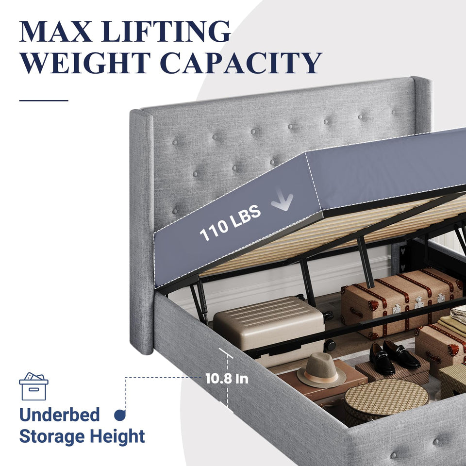 Allewie King Size Lift Up Storage Bed, Modern Wingback Headboard, Hydraulic Support, No Box Spring Needed, Light Beige