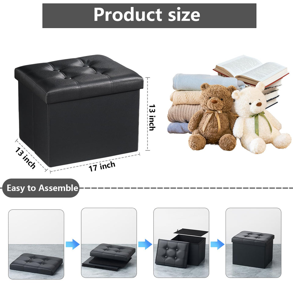 AmasSmile Storage Ottoman Folding Foot Rest Stool, Leather Footstool Bench, Short Ottoman Stool, Storage Foot Rest Store, Books (Black, 17" D x 13" W x 13" H)
