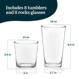 Libbey Ascent Tumbler and Rocks Drinking Glasses Set of 16, Glass Drinking Glasses with Curvature, Versatile Glassware Set for Parties and More