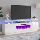 AMERLIFE Fireplace TV Stand with 36" Fireplace, 70" Modern High Gloss Fireplace Entertainment Center LED Lights, 2 Tier TV Console Cabinet for TVs Up to 80", Obsidian Black