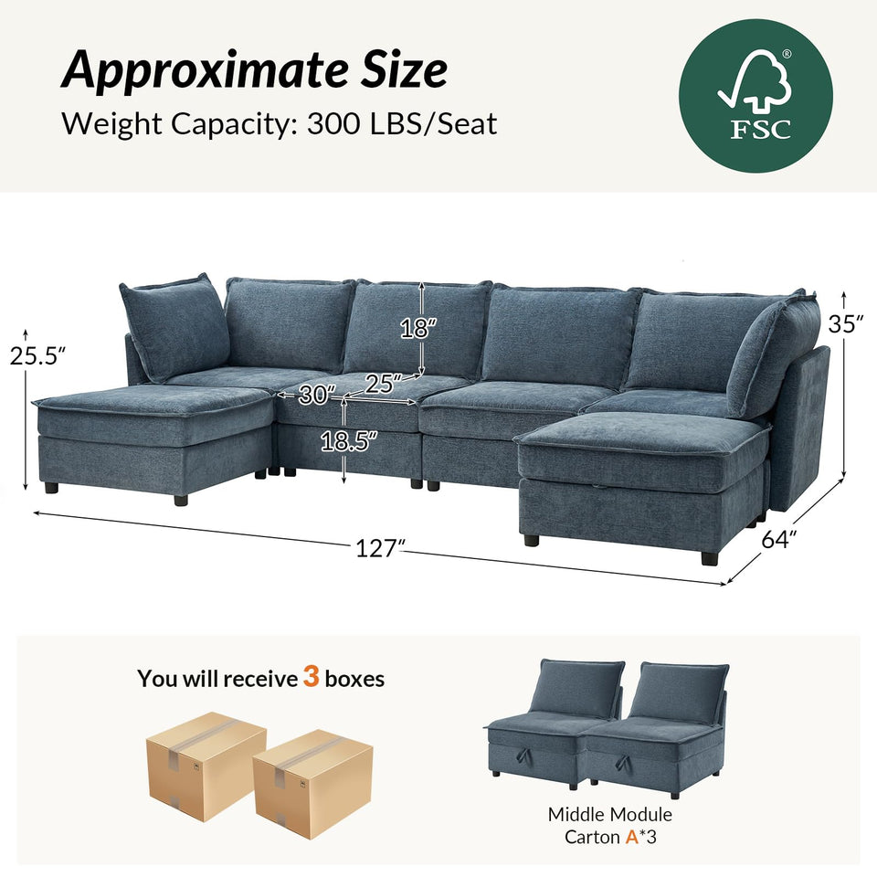 HULALA HOME 127'' Modular Sectional Sofa, Oversized U Shaped Couch with Storage Ottoman, Comfy Chenille Sofa with Deep Seat, 6 Seat Convertible Couches for Living Room, Beige