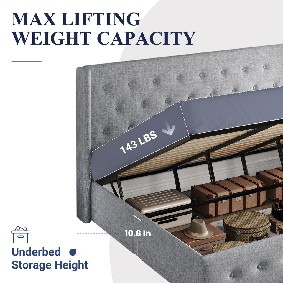 Allewie King Size Lift Up Storage Bed, Modern Wingback Headboard, Hydraulic Support, No Box Spring Needed, Light Beige