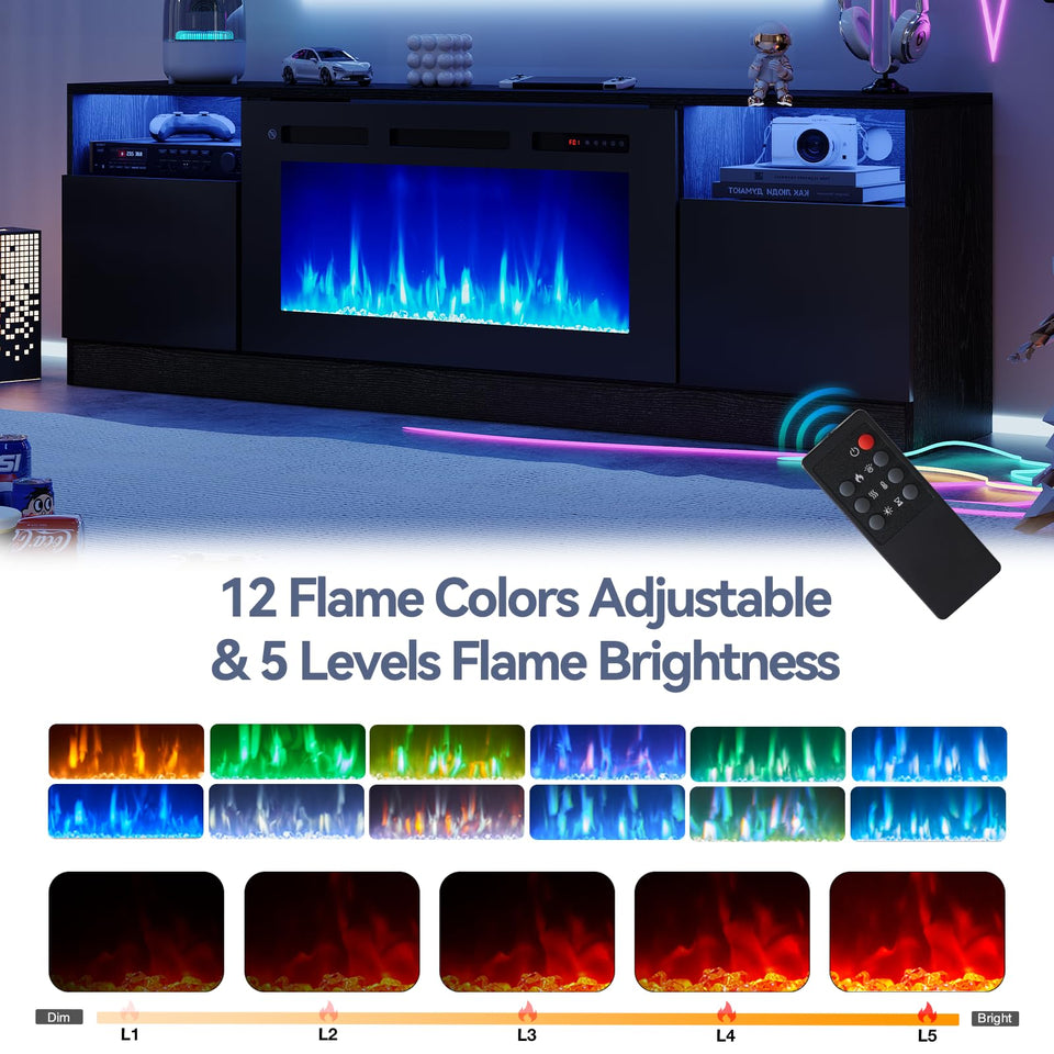 OneBlis 80" Fireplace TV Stand, LED Light Entertainment Center for TVs Up to 90", High-Gloss Door, Modern TV Console for Living Room with Storage Cabinet, Black+Black