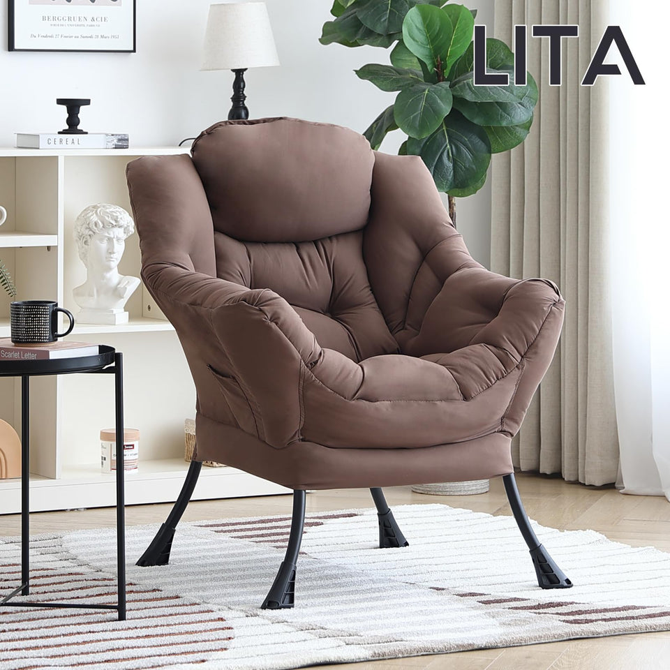 LITA Lazy Chair with Ottoman, Modern Accent Leisure Upholstered Lazy Sofa Armchair, Contemporary Lounge Reading Chair with Armrests and a Side Pocket for Living Room, Bedroom & Small Space, Dark Grey