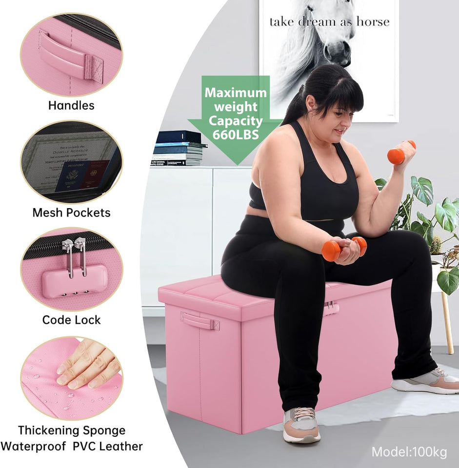 DocSafe Storage Ottoman with Lock,Fireproof Folding Ottoman Foot Rest Stool Storage Chest with Storage Safe for Important Documents,Waterproof 17 Inches Short Ottoman Foot Stool with Handles,Black