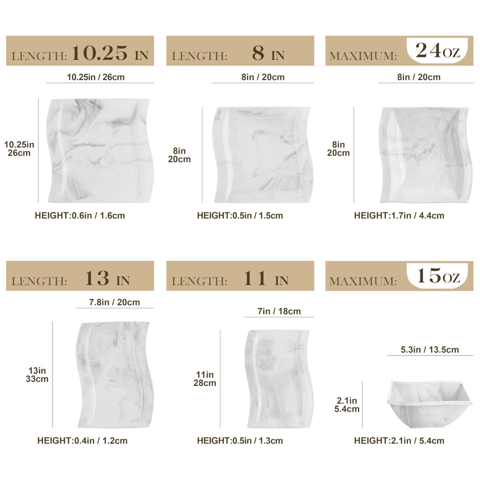 MALACASA Ivory White Dinnerware Sets, 30-Piece Porcelain Plates and Bowls Sets, Modern Dish Set for 6, Square Plates Dinnerware Set Kitchen Dishware Sets, Microwave and Dishwasher Safe, Series Flora