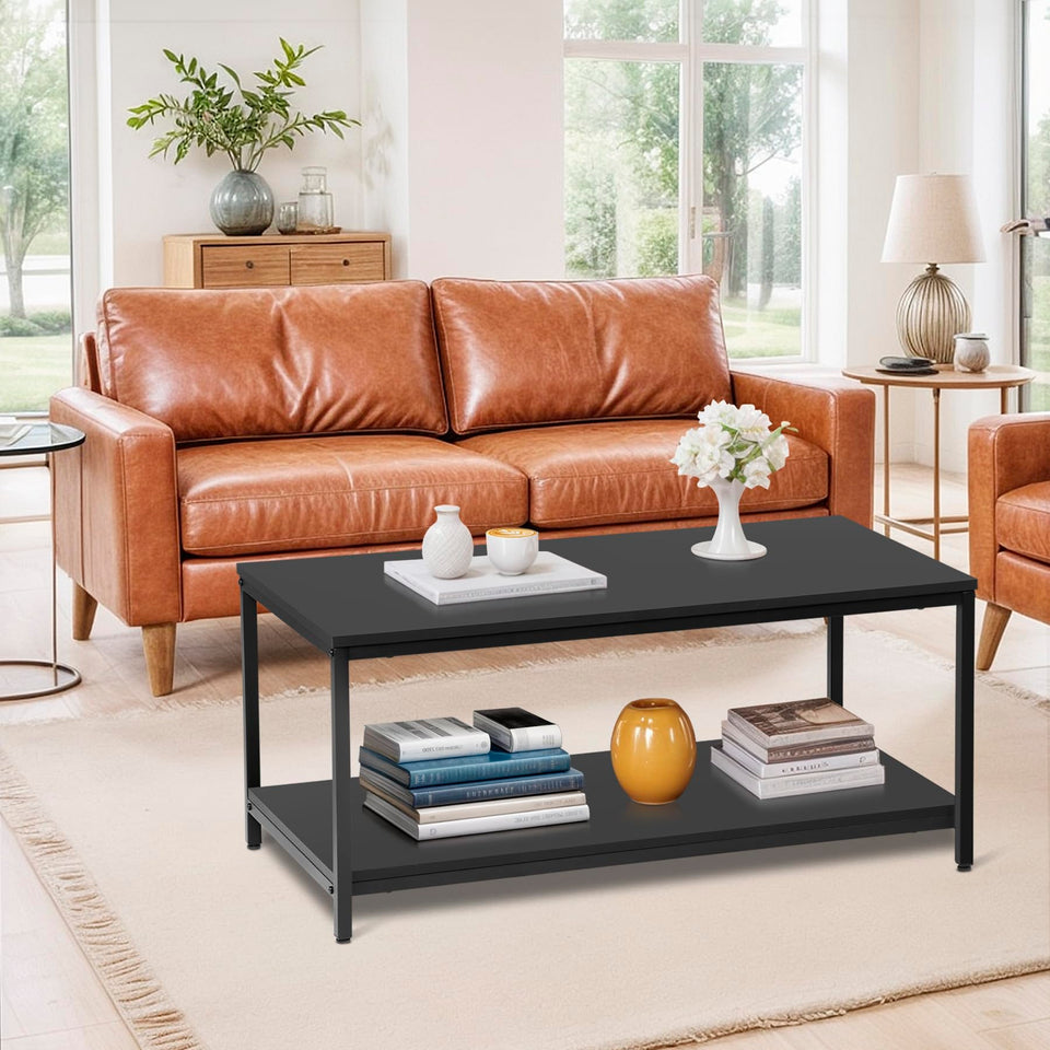 SUPER DEAL 2-Tier Industrial Coffee Table with Storage Shelf for Small Apartment Living Room, Rectangle Wood and Stable Metal TV Stand Side End Table, Rustic Brown