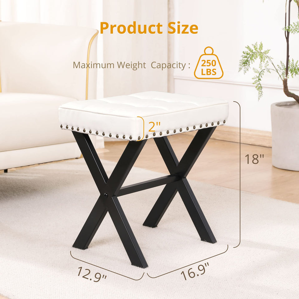LUE BONA Square Linen Makeup Stool, Metal X Legs, Small Ottoman Stool Chair for Vanity, Modern Padded Seat Foot Rest for Makeup Room, Bathroom